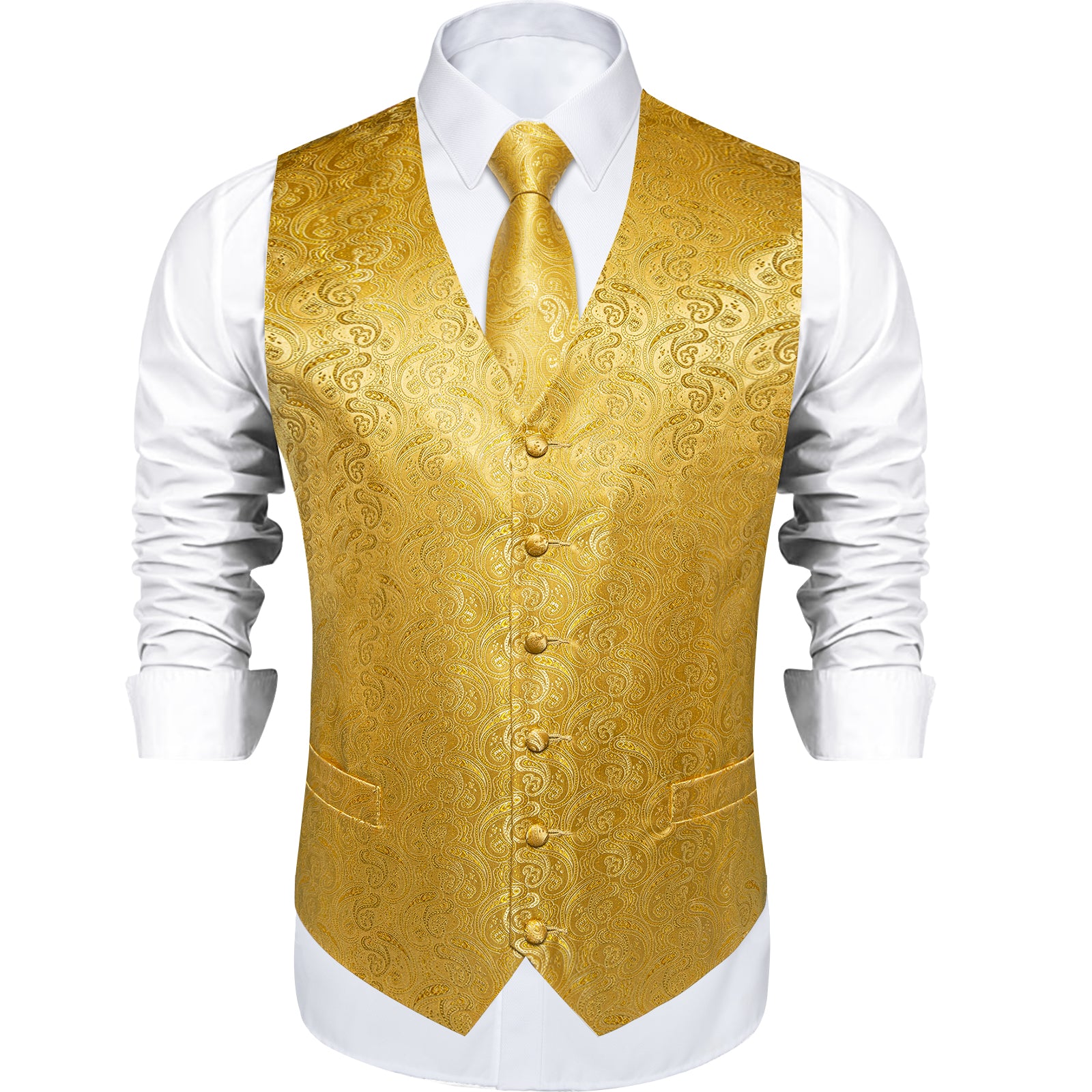 Gold Paisley Jacquard Silk Waistcoat Vest Necktie Handkerchief Cufflinks Suit Set