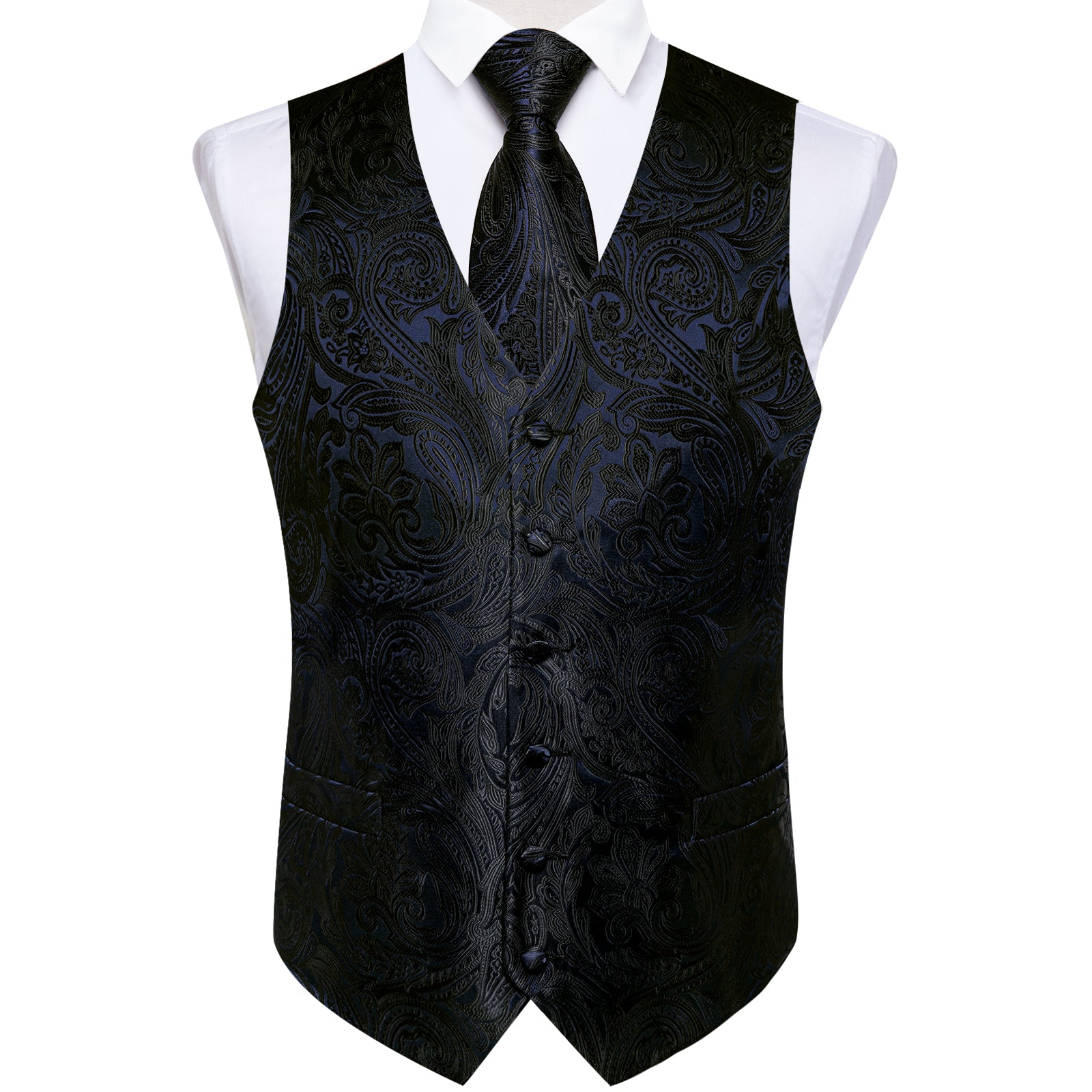 Men's Classic Black Blue Floral Jacquard Silk Waistcoat Vest Tie Handkerchief Cufflinks Suit Set