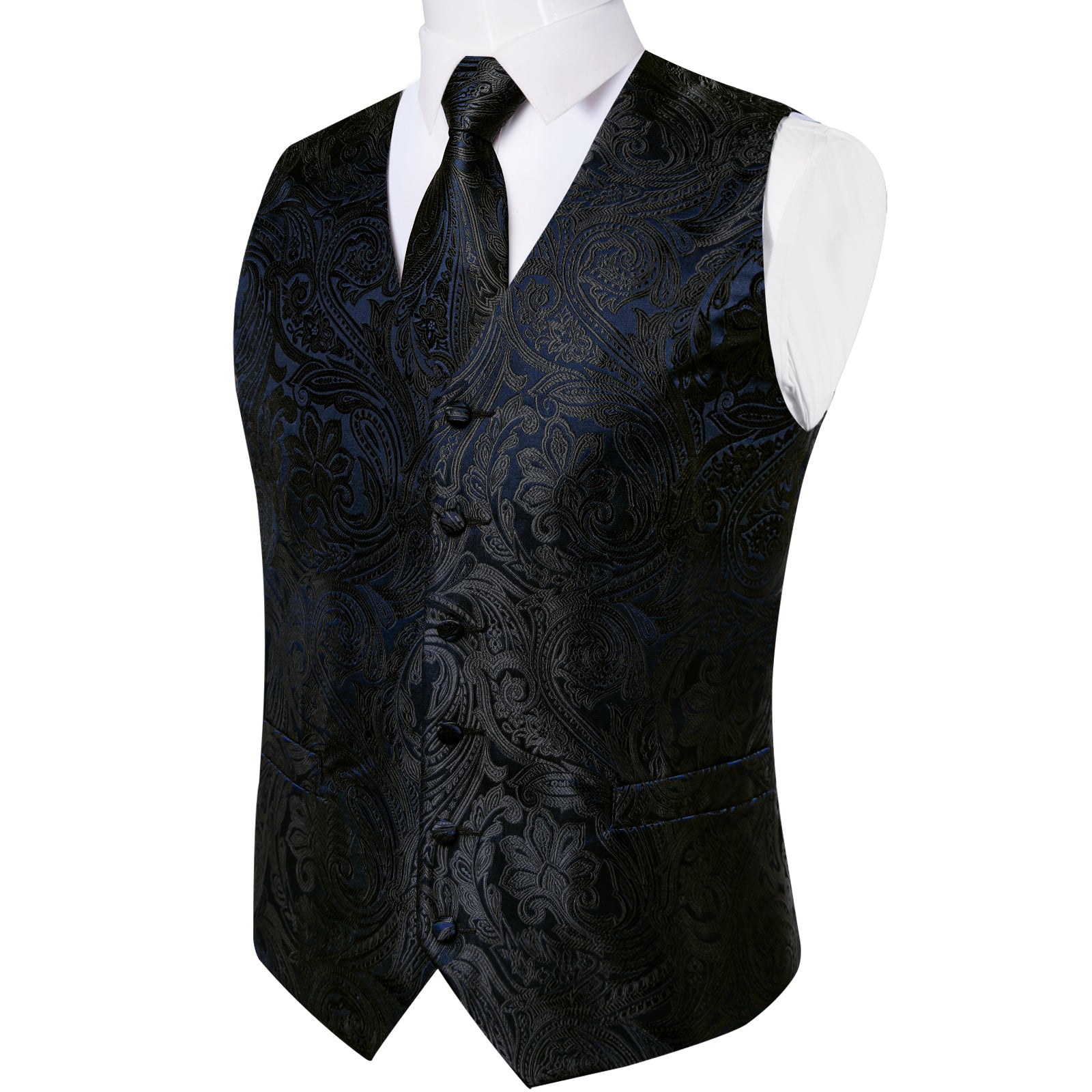 Men's Classic Black Blue Floral Jacquard Silk Waistcoat Vest Tie Handkerchief Cufflinks Suit Set