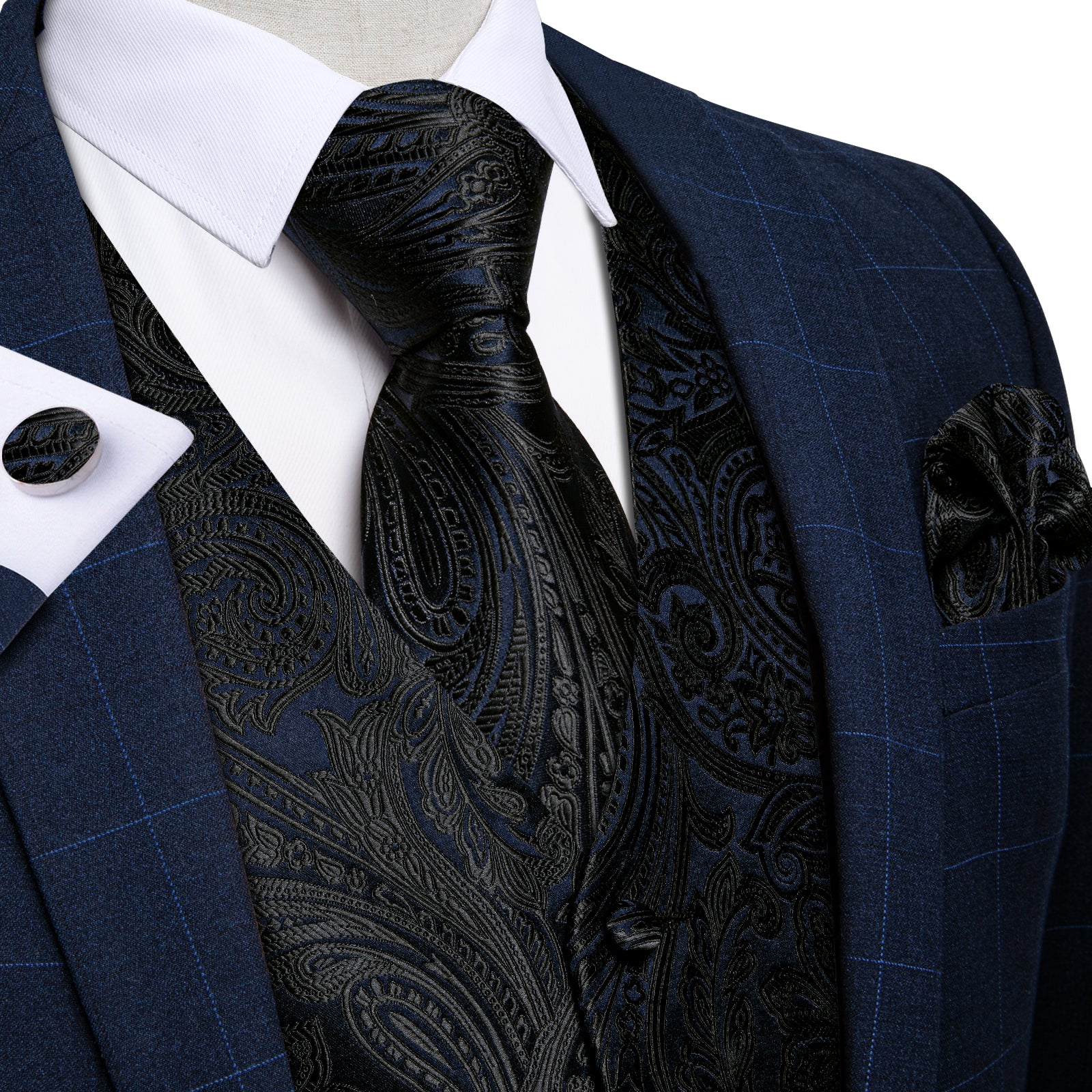Men's Classic Black Blue Floral Jacquard Silk Waistcoat Vest Tie Handkerchief Cufflinks Suit Set