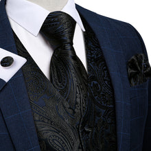 Men's Classic Black Purple Floral Jacquard Silk Waistcoat Vest Tie Handkerchief Cufflinks Suit Set