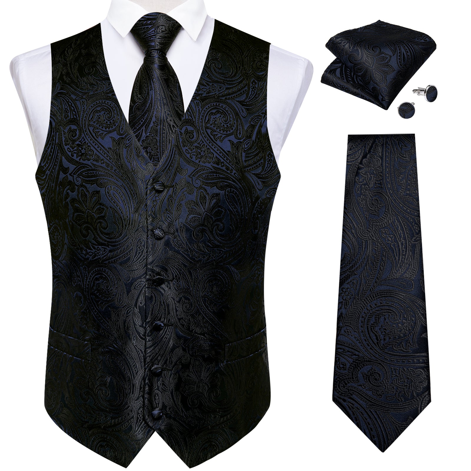 Men's Classic Black Blue Floral Jacquard Silk Waistcoat Vest Tie Handkerchief Cufflinks Suit Set