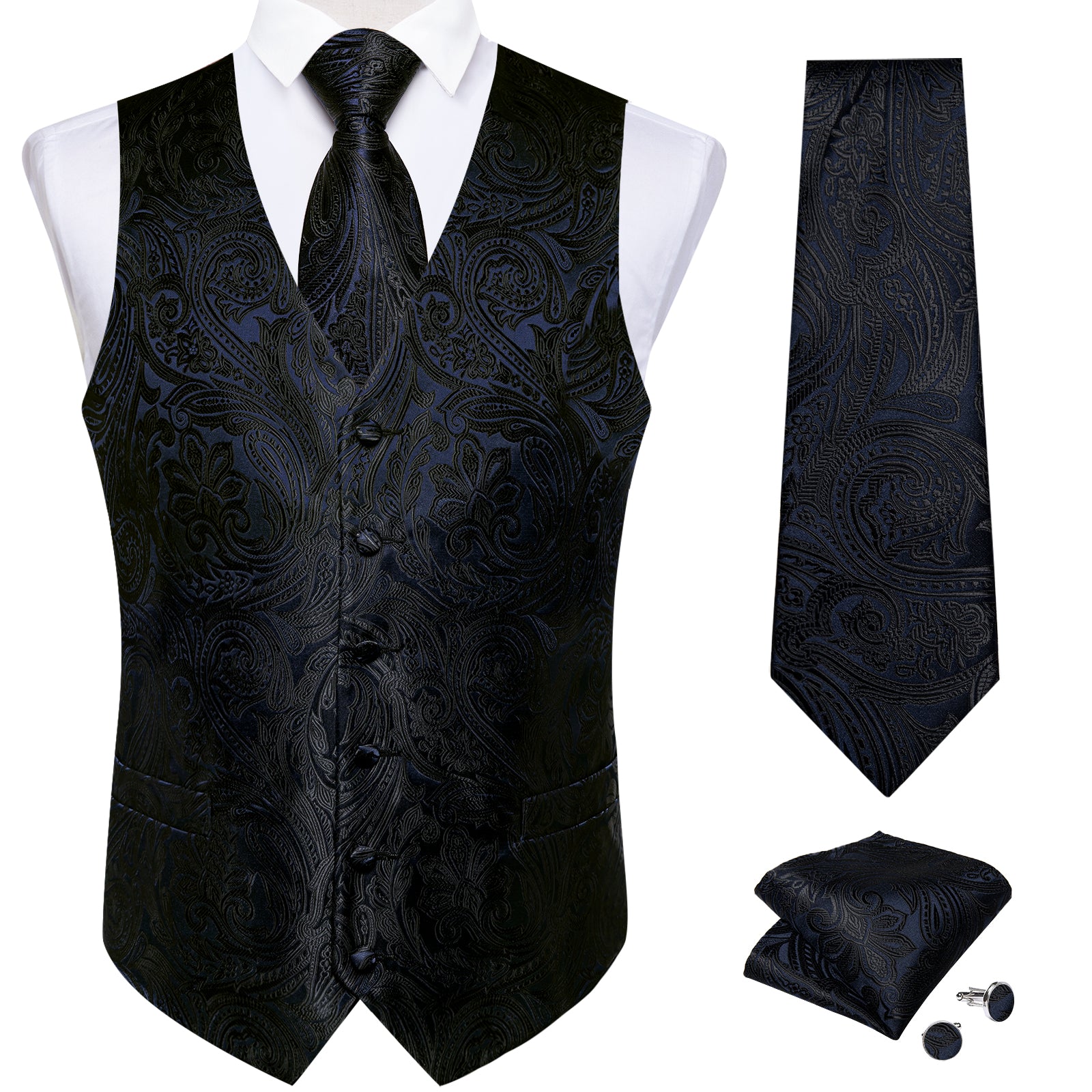 Men's Classic Black Blue Floral Jacquard Silk Waistcoat Vest Tie Handkerchief Cufflinks Suit Set