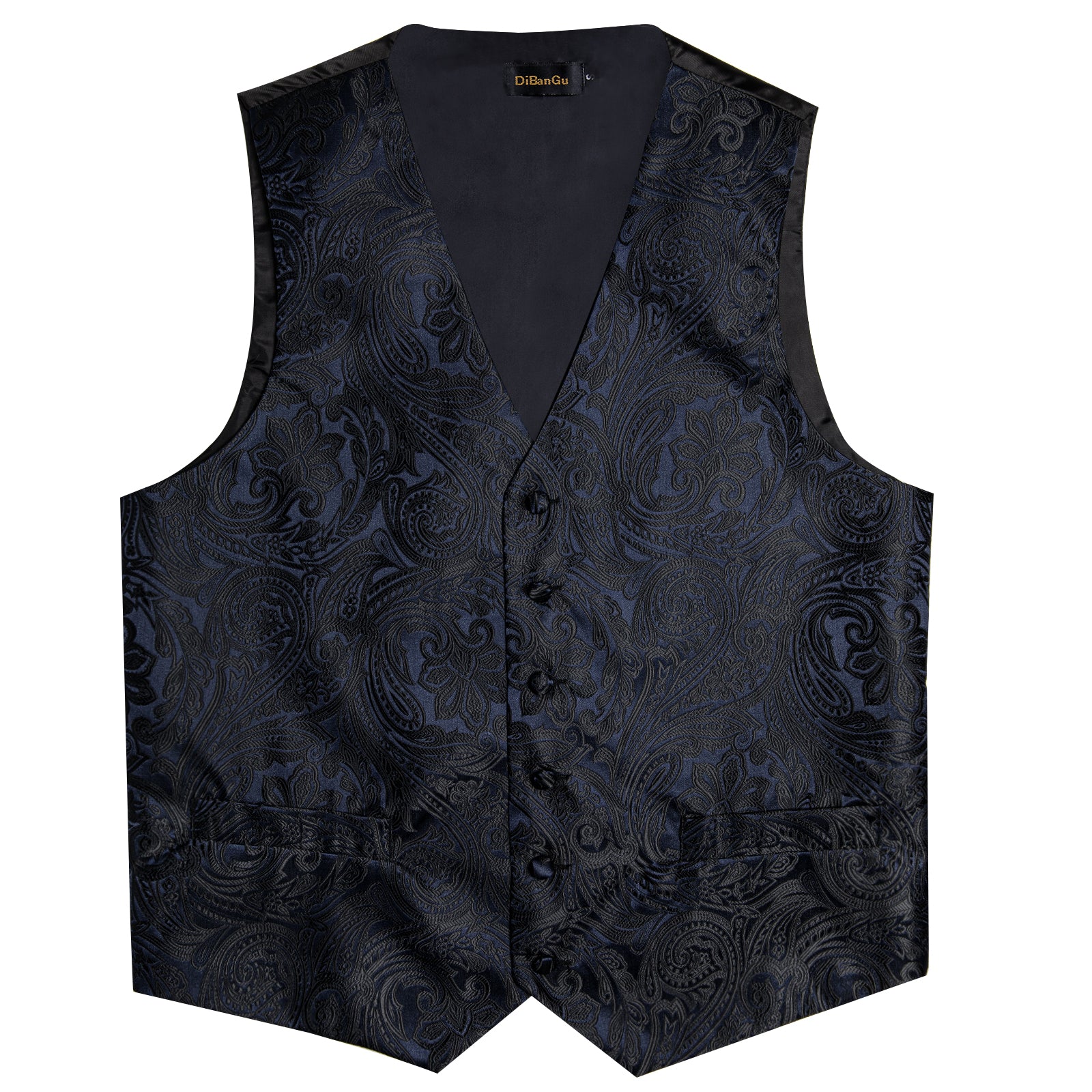Men's Classic Black Blue Floral Jacquard Silk Waistcoat Vest Tie Handkerchief Cufflinks Suit Set