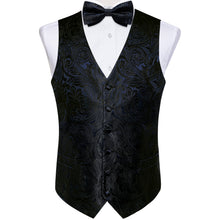 Black Floral Jacquard Vest Neck Bow Tie Handkerchief Cufflinks Set