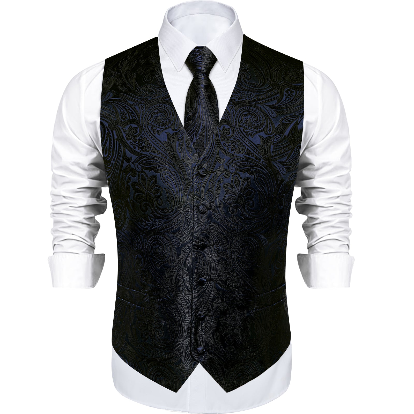 Men's Classic Black Blue Floral Jacquard Silk Waistcoat Vest Tie Handkerchief Cufflinks Suit Set