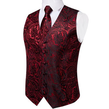 Red Floral Jacquard Silk Waistcoat Vest Necktie Pocket Square Handkerchief Cufflinks Suit Set