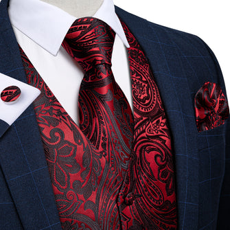 fashion wedding design Burgundy Red floral vest tie pocket square cufflinks set for dress suit
