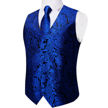 Shining Blue Jacquard Silk Waistcoat Vest Necktie Handkerchief Cufflinks Set
