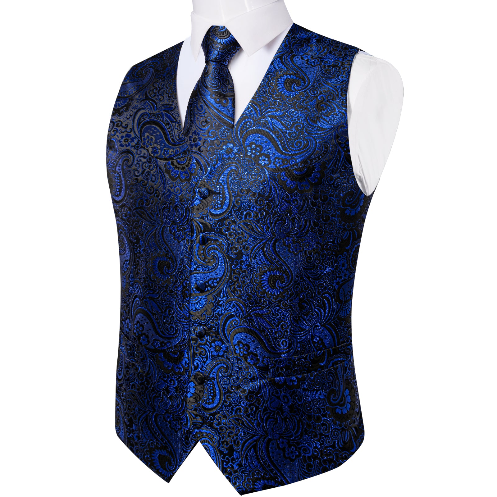 Dibangu Floral Vest Black Blue Mens Business Dress Suit Vest Tie