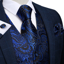 Men's Classic Black Blue Floral Jacquard Silk Waistcoat Vest Tie Handkerchief Cufflinks Suit Set