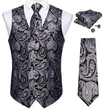 Black Silver Paisley Jacquard Silk Waistcoat Vest Necktie Handkerchief Cufflinks Set