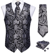 Black Silver Paisley Jacquard Silk Waistcoat Vest Necktie Handkerchief Cufflinks Set