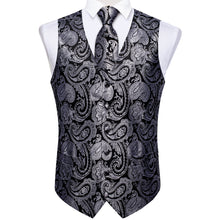Black Silver Paisley Jacquard V Neck Waistcoat Vest Tie Handkerchief Cufflinks Clip Pin Set