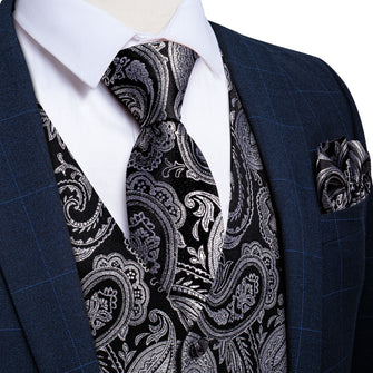 Black Silver Paisley Jacquard Silk Waistcoat Vest Necktie Handkerchief Cufflinks Set