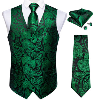 Green Paisley Jacquard Silk Waistcoat Vest Tie Handkerchief Cufflinks Suit Set