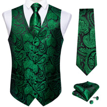 Green Paisley Jacquard Silk Waistcoat Vest Tie Handkerchief Cufflinks Suit Set