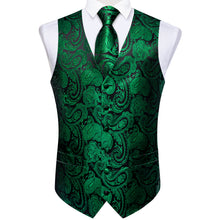 Green Paisley Jacquard V Neck Waistcoat Vest Tie Pocket Square Cufflinks Clip Pin Set