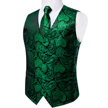 Green Paisley Jacquard V Neck Waistcoat Vest Tie Pocket Square Cufflinks Clip Pin Set