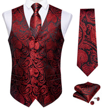 Red Paisley Jacquard Silk Waistcoat Vest Necktie Handkerchief Cufflinks Set