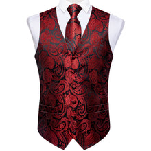 Red Paisley Jacquard Silk Waistcoat Vest Necktie Handkerchief Cufflinks Set
