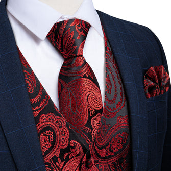 Red Paisley Jacquard Silk Waistcoat Vest Necktie Handkerchief Cufflinks Set