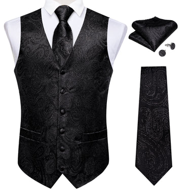 Black Floral Jacquard Silk Waistcoat Vest Tie Handkerchief Cufflinks Suit Set