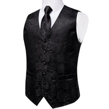 Black Paisley Jacquard V Neck Waistcoat Vest Tie Handkerchief Cufflinks Clip Pin Set