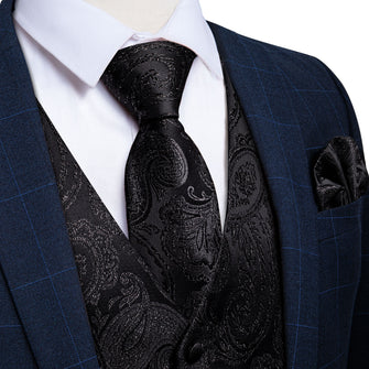 Black Floral Jacquard Silk Waistcoat Vest Tie Handkerchief Cufflinks Suit Set