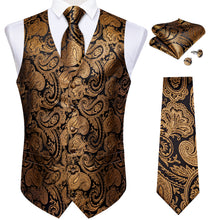 business suit vest silk paisley black gold champagne mens vest tie pocket square cufflinks set