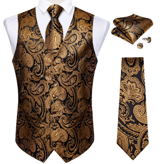 Champagne Gold Paisley Jacquard Silk Waistcoat Vest Necktie Handkerchief Cufflinks Suit Set