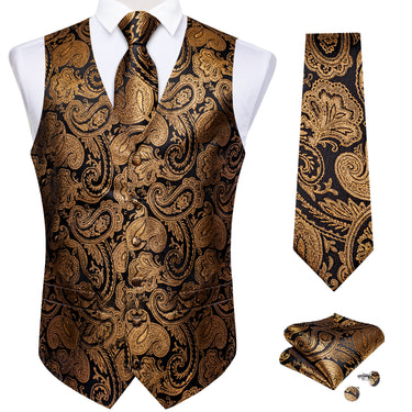 Champagne Gold Paisley Jacquard Silk Waistcoat Vest Necktie Handkerchief Cufflinks Suit Set