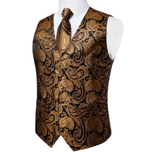 fashion black golden paisley silk mens suit vest tie pocket square cufflinks set for business dress