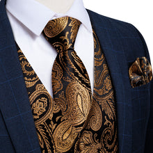 fashion black golden paisley silk mens suit vest tie pocket square cufflinks set for business dress