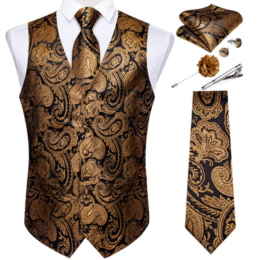 Champagne Golden Paisley Jacquard V Neck Waistcoat Vest Tie Handkerchief Cufflinks Clip Pin Set