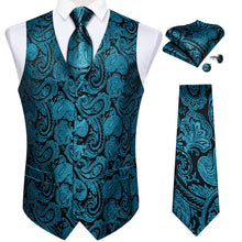 Teal Paisley Jacquard Silk Waistcoat Vest Tie Handkerchief Cufflinks Suit Set