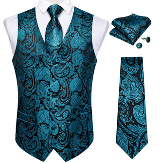 Teal Paisley Jacquard Silk Waistcoat Vest Tie Handkerchief Cufflinks Suit Set