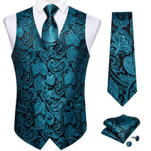 Teal Paisley Jacquard Silk Waistcoat Vest Tie Handkerchief Cufflinks Suit Set