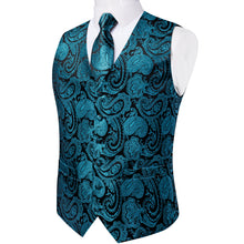 Teal Paisley Jacquard Silk Waistcoat Vest Tie Handkerchief Cufflinks Suit Set
