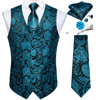 Teal Paisley Jacquard V Neck Waistcoat Vest Tie Handkerchief Cufflinks Clip Pin Set