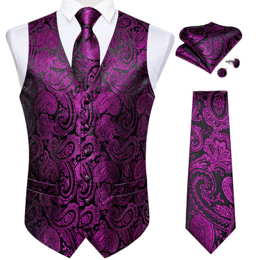 Purple Red Paisley Jacquard Silk Waistcoat Vest Necktie Pocket Square Cufflinks Suit Set