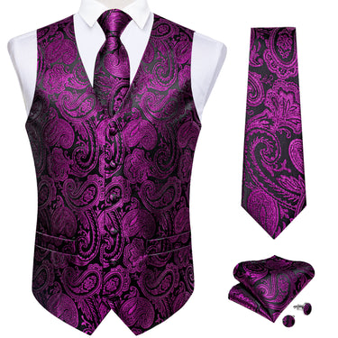 Purple Red Paisley Jacquard Silk Waistcoat Vest Necktie Pocket Square Cufflinks Suit Set