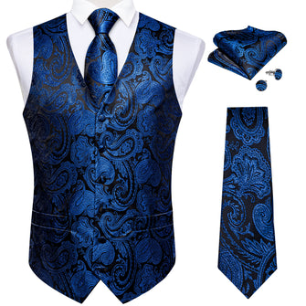 Dark Blue Paisley Jacquard Silk Waistcoat Vest Tie Pocket Square Cufflinks Suit Set