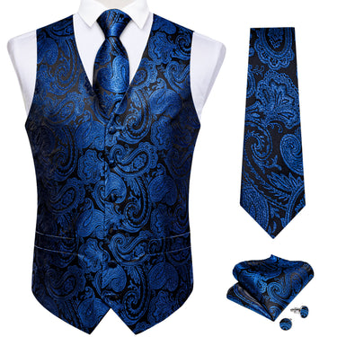 Dark Blue Paisley Jacquard Silk Waistcoat Vest Tie Pocket Square Cufflinks Suit Set