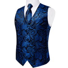 Blue Paisley Jacquard V Neck Waistcoat Vest Tie Handkerchief Cufflinks Clip Pin Set