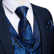 Dark Blue Paisley Jacquard Silk Waistcoat Vest Tie Pocket Square Cufflinks Suit Set