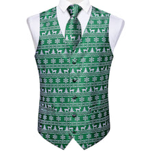 Christmas Green Elk Tree Jacquard Silk Waistcoat Vest Handkerchief Cufflinks Tie Vest Suit Set