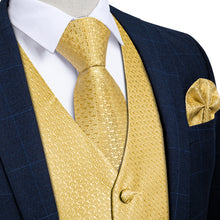 Golden Solid Silk Waistcoat Vest Necktie Handkerchief Cufflinks Set