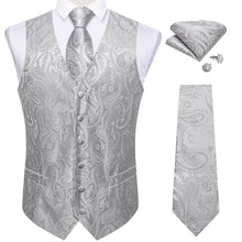 Formal Silver Grey Paisley Jacquard Silk Waistcoat Vest Necktie Handkerchief Cufflinks Set