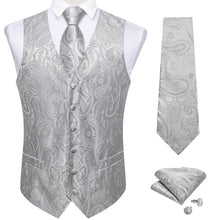 Formal Silver Grey Paisley Jacquard Silk Waistcoat Vest Necktie Handkerchief Cufflinks Set